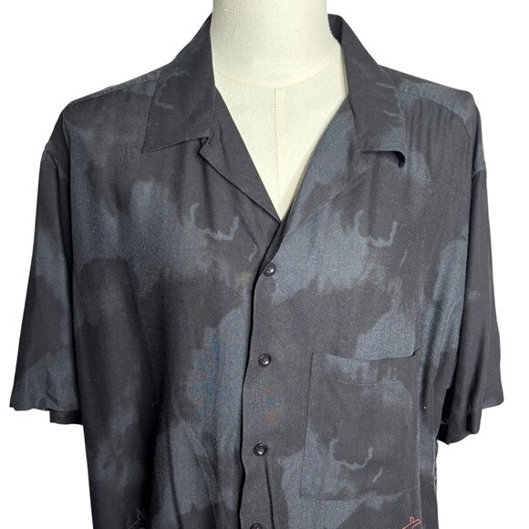 Vintage 90s Button Up Short Sleeve Club Shirt 2XLT Black Flames Dragon Pocket - Picture 2 of 7